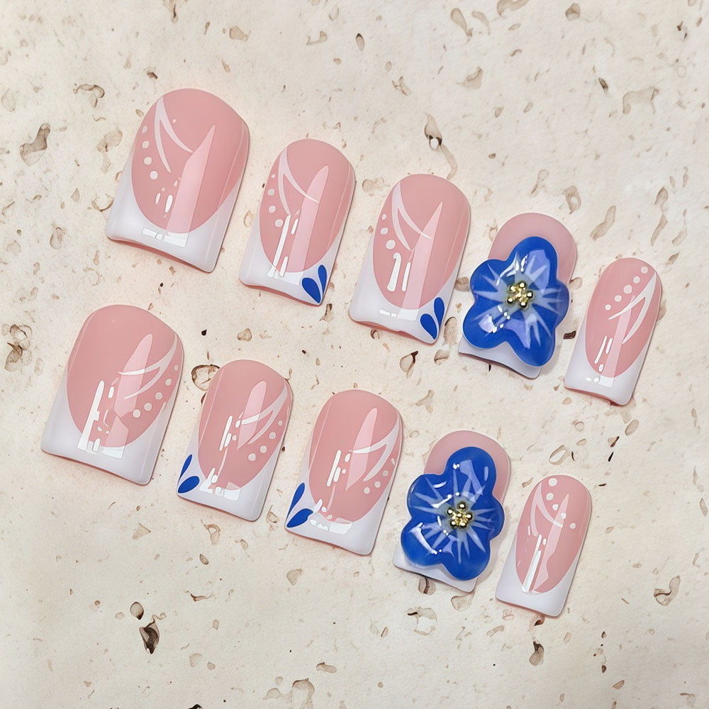 (Handmade) 10pcs/Set 3D Blue Flower Press-On Nails