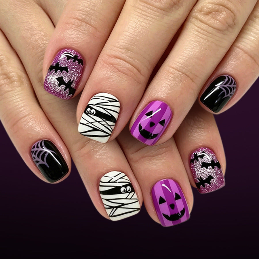 24pcs/Set Spooky Faces, Bats & Spiderwebs Press-On Nails