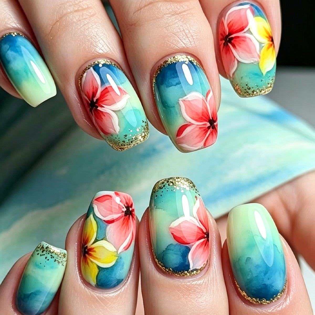 24pcs/Set Lake Blue Pink & Yellow Floral Press On Toe Nails