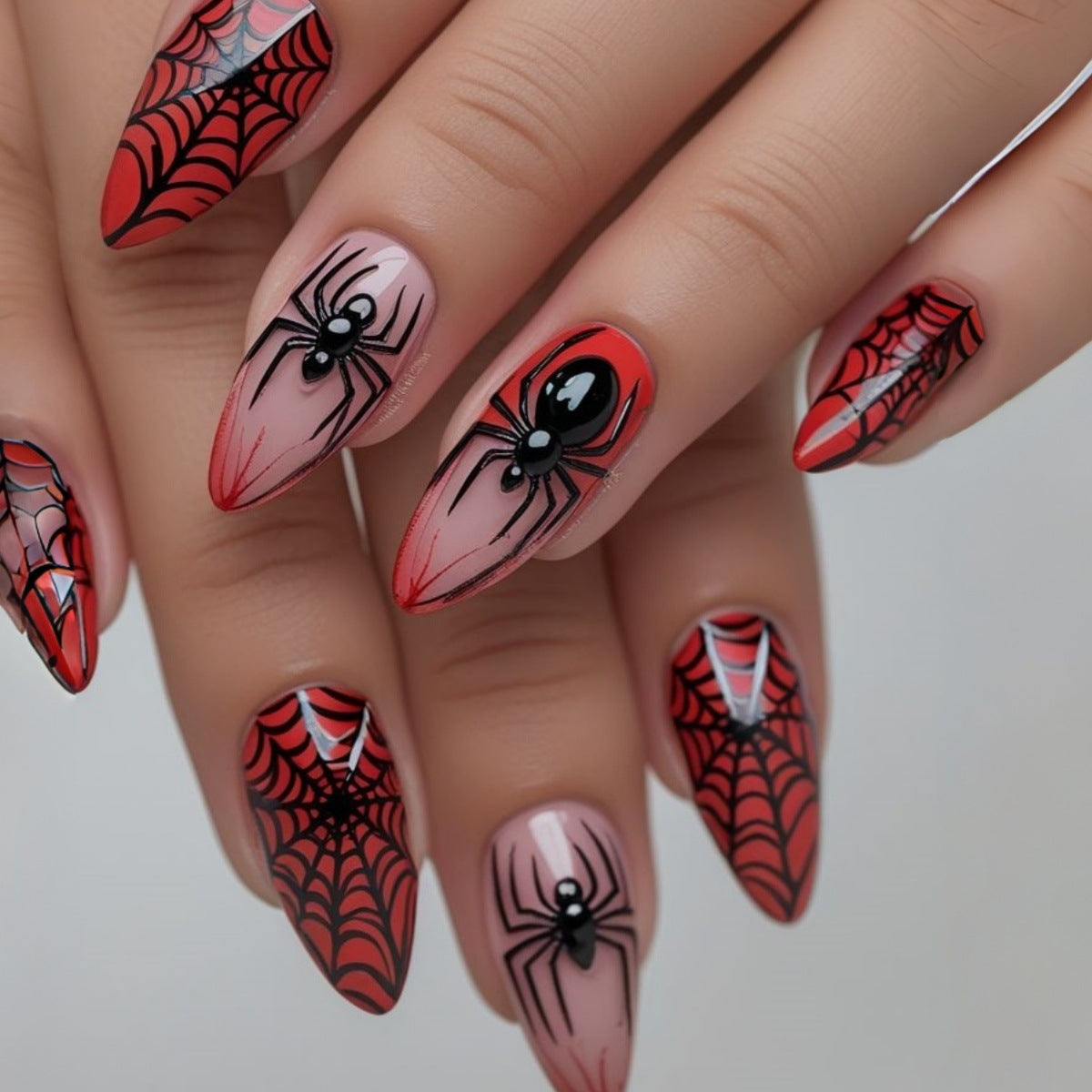 24pcs/Set Red Ombre Spider Press On Nails