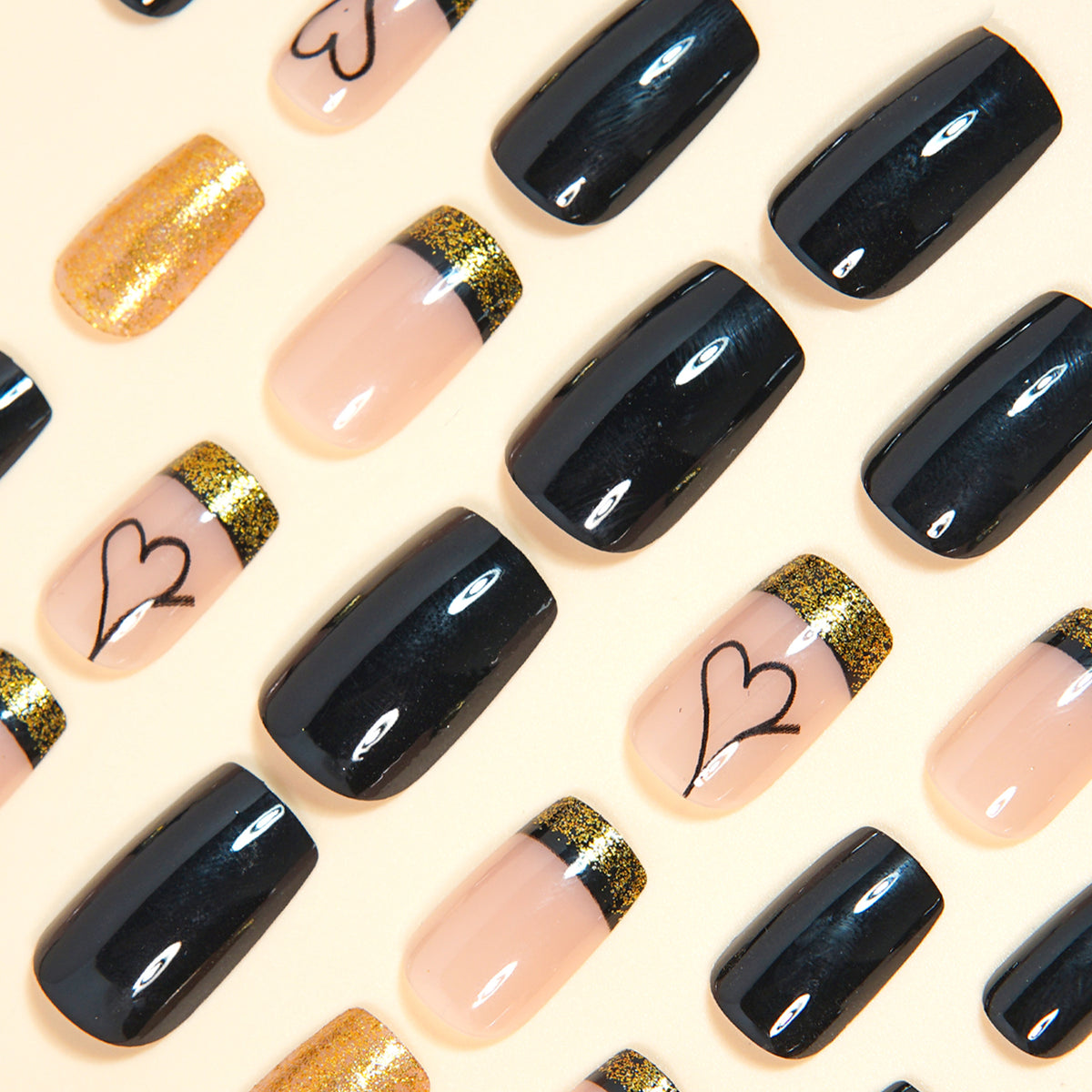 24pcs/Set Black Heart French Press On Nails