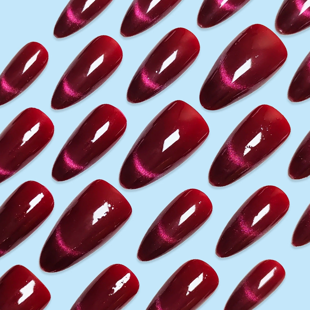 30pcs/Set Fall & Winter Burgundy Cat Eye Press-On Nails