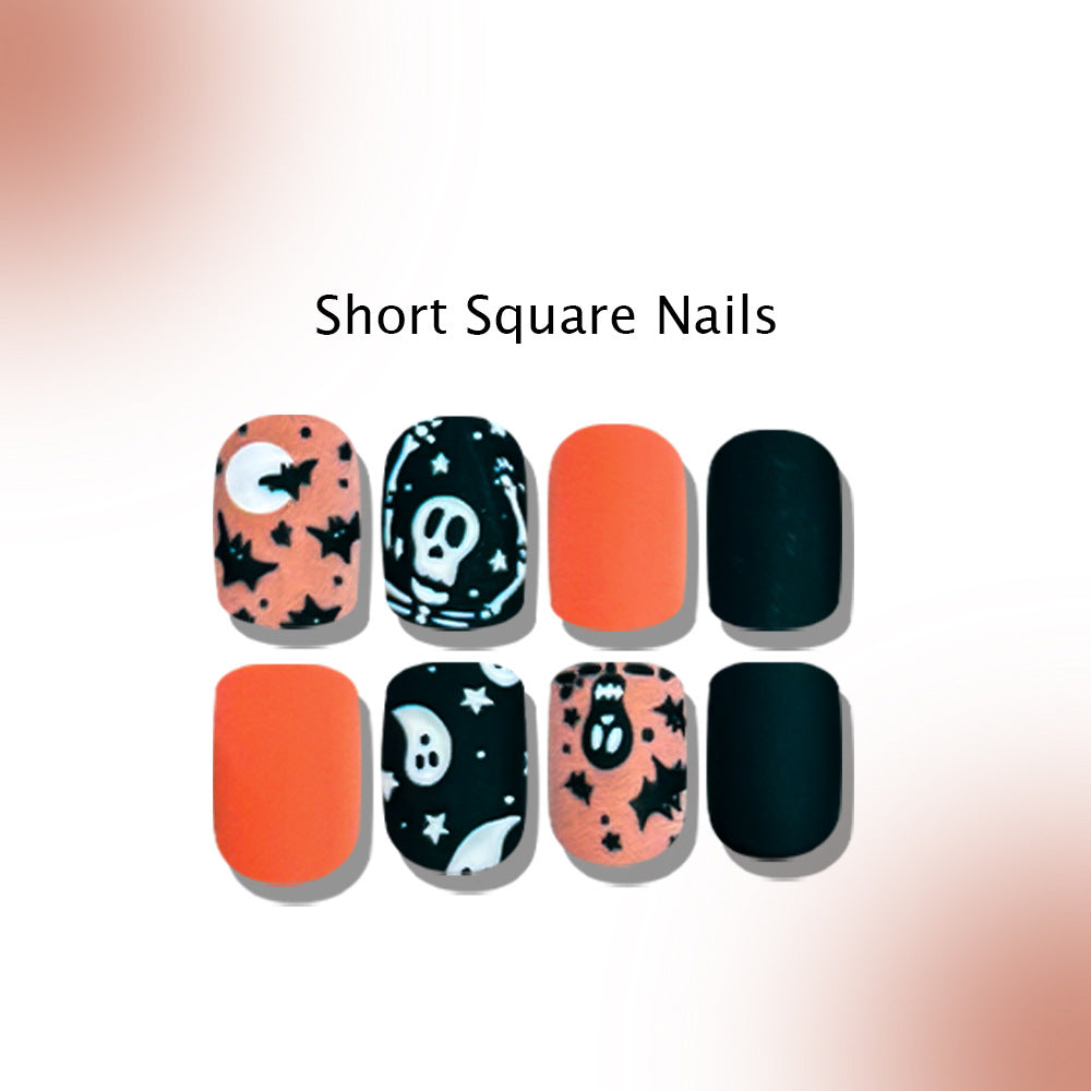 24pcs/Set Matte Orange & Black Ghost Star Press On Nails