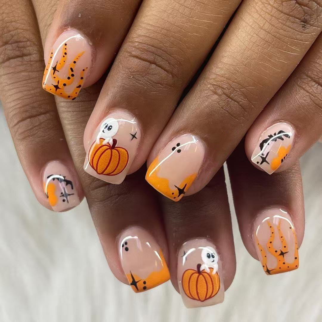 24pcs/Set Gradient Pumpkin Ghost Press On Nails