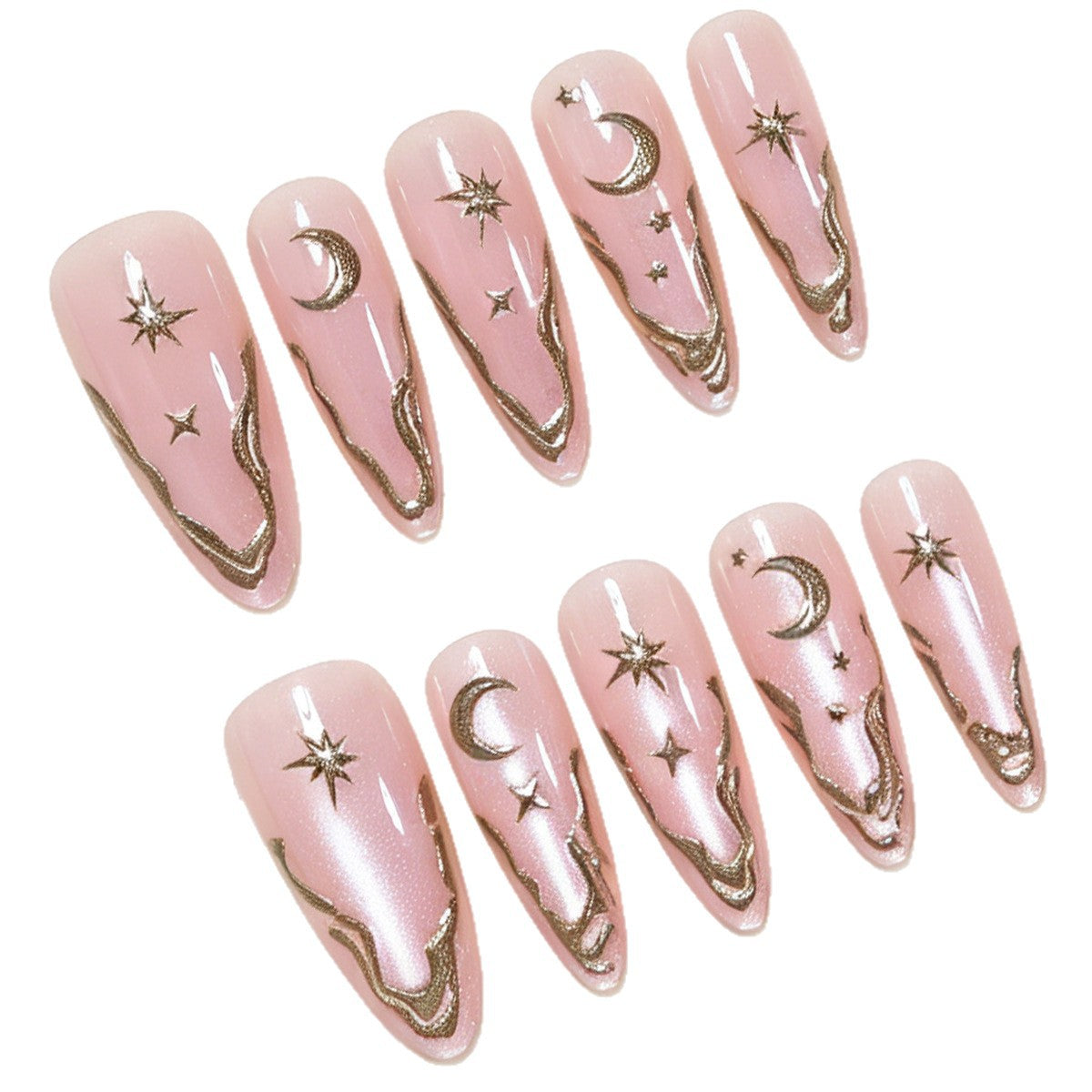 30pcs/Set Gold-Trimmed Irregular French Moon & Stars Press On Nails
