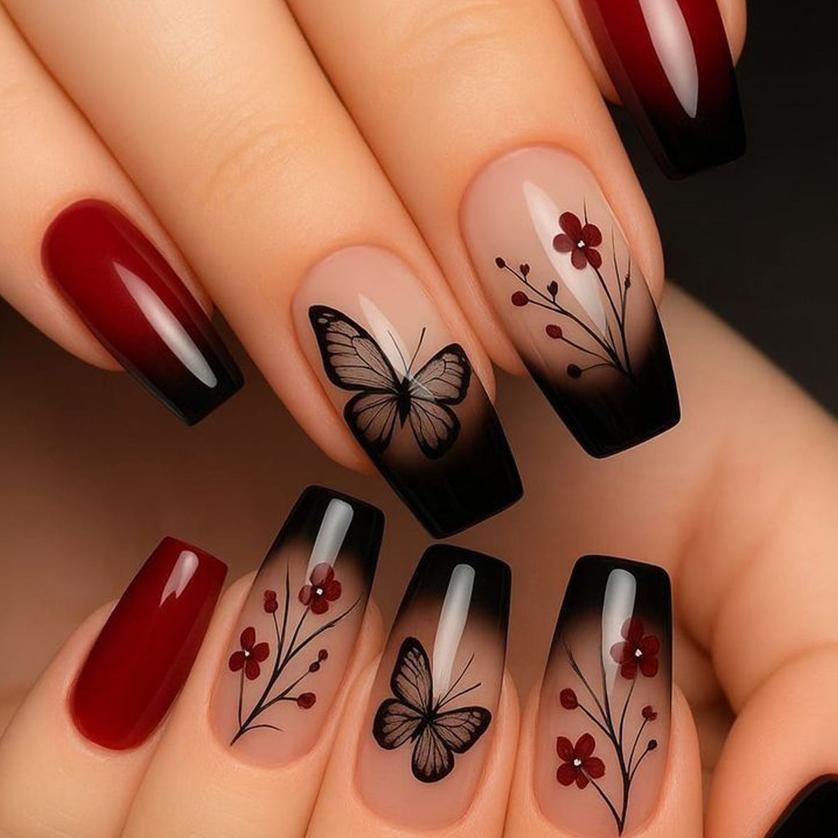 24pcs/Set Black & Red Ombre Butterfly Press On Nails