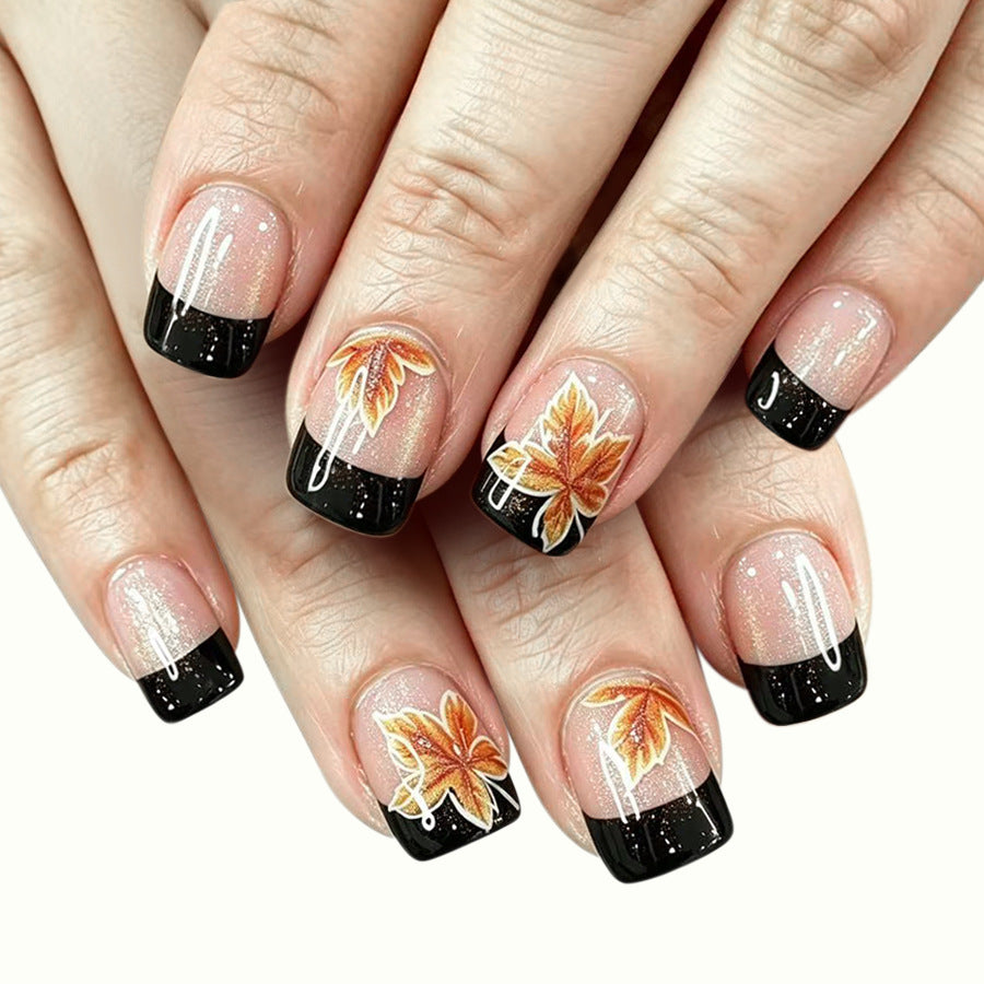 24pcs/Set Black French Tips with Yellow Maple Leaves Press-On Nails