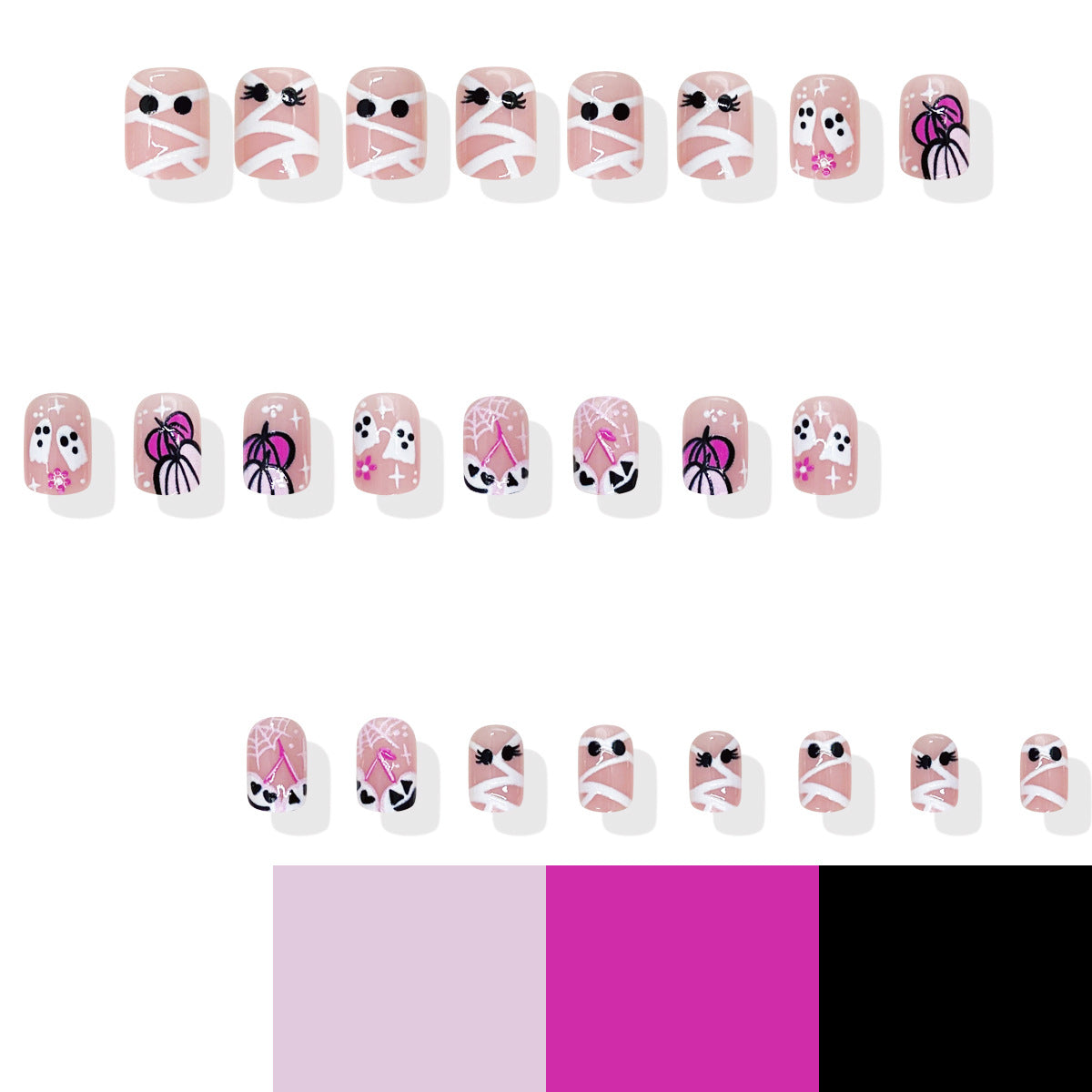 24pcs/Set Pink & White Ghost Pumpkin Press On Nails