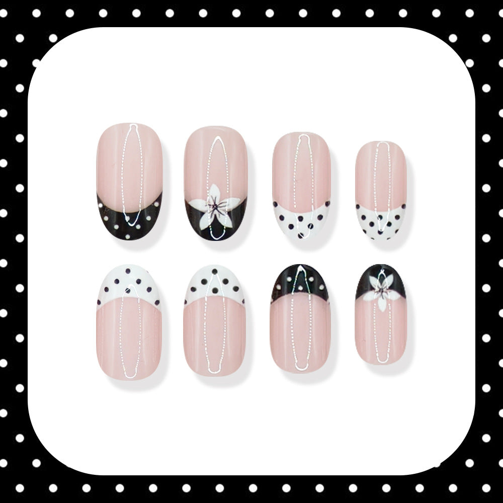 24pcs/Set Black & White Polka Dot French Floral Press On Nails