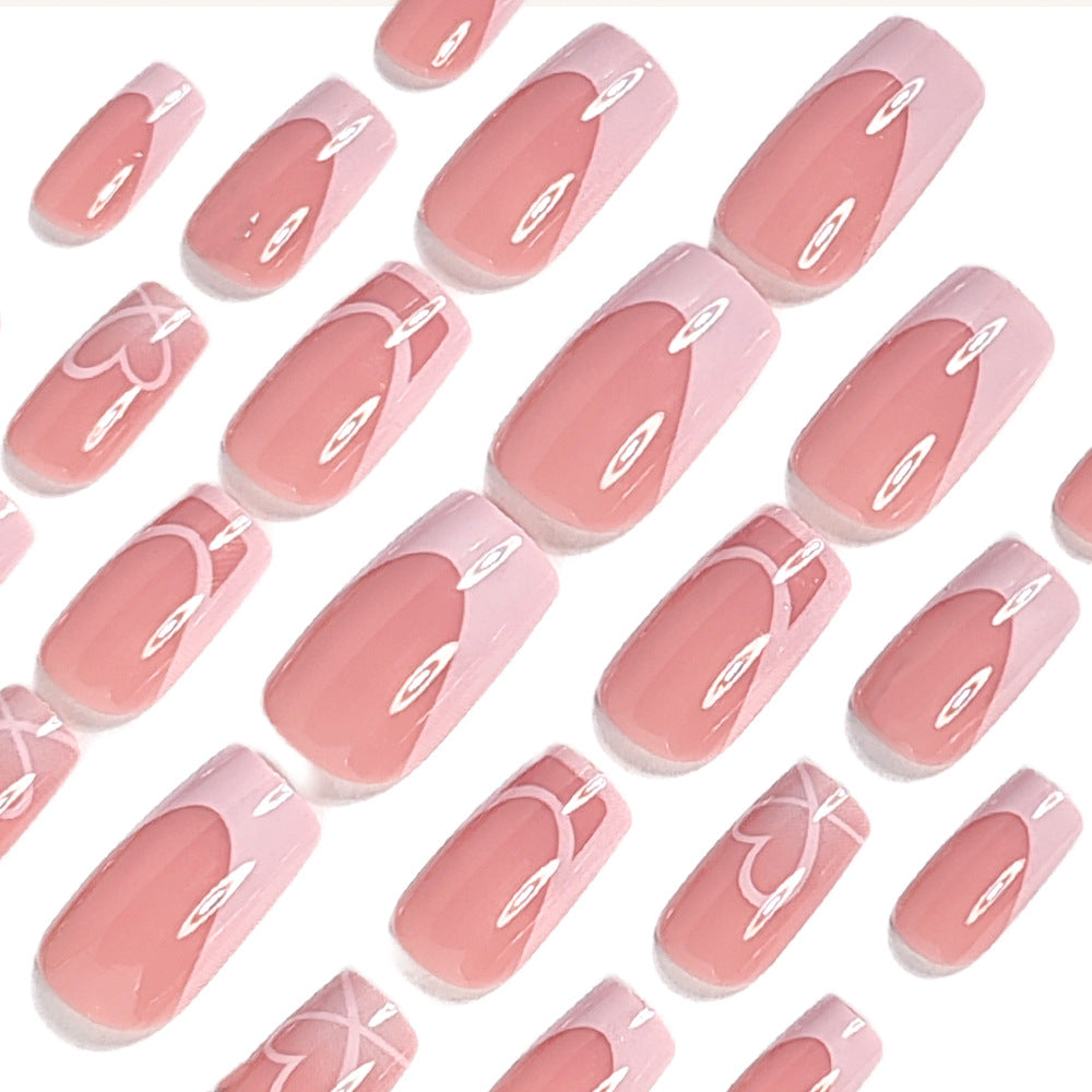 24pcs/Set Pink French Tips with Hearts Press-On Nails