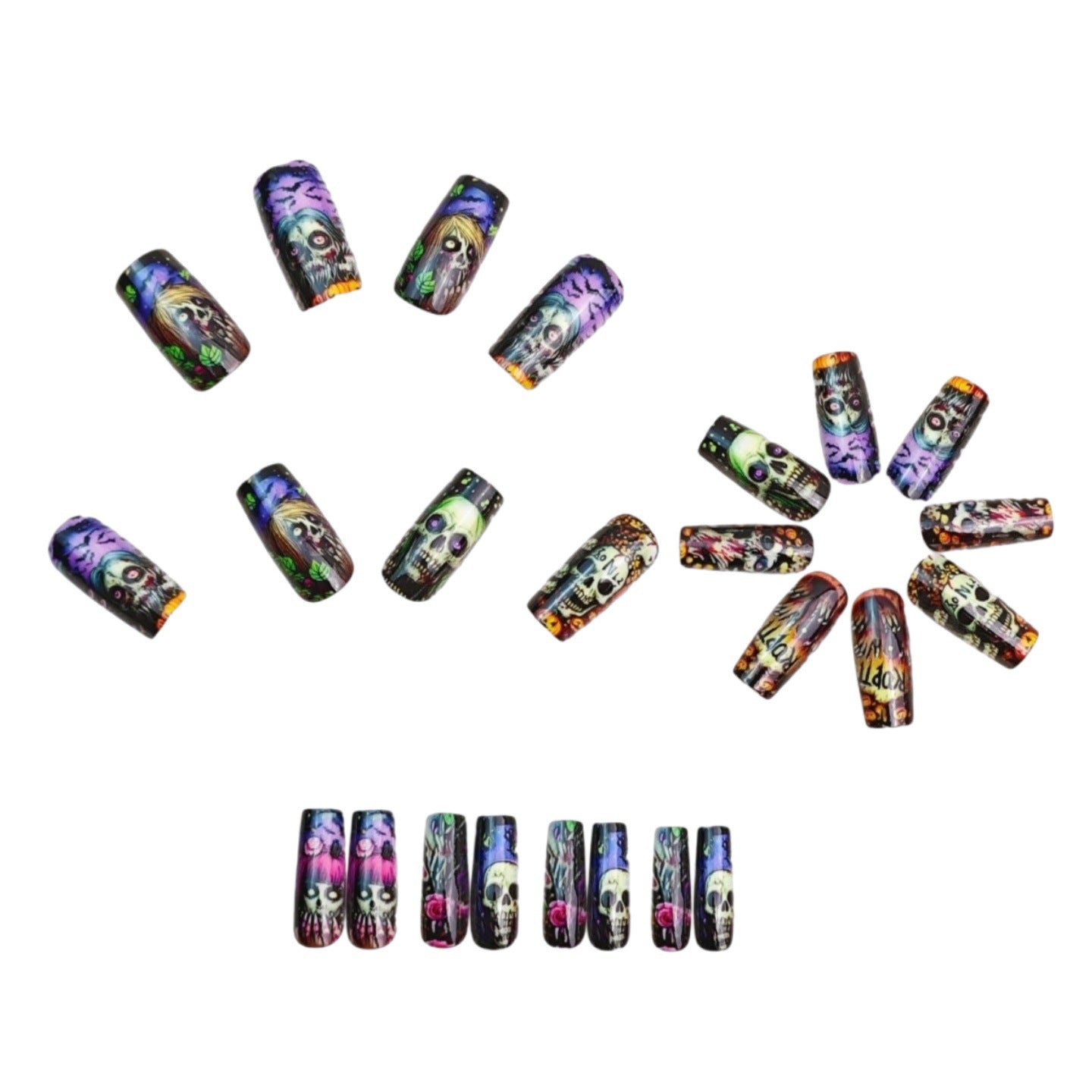 24pcs/Set Black Base Skull Pumpkin Press-On Nails