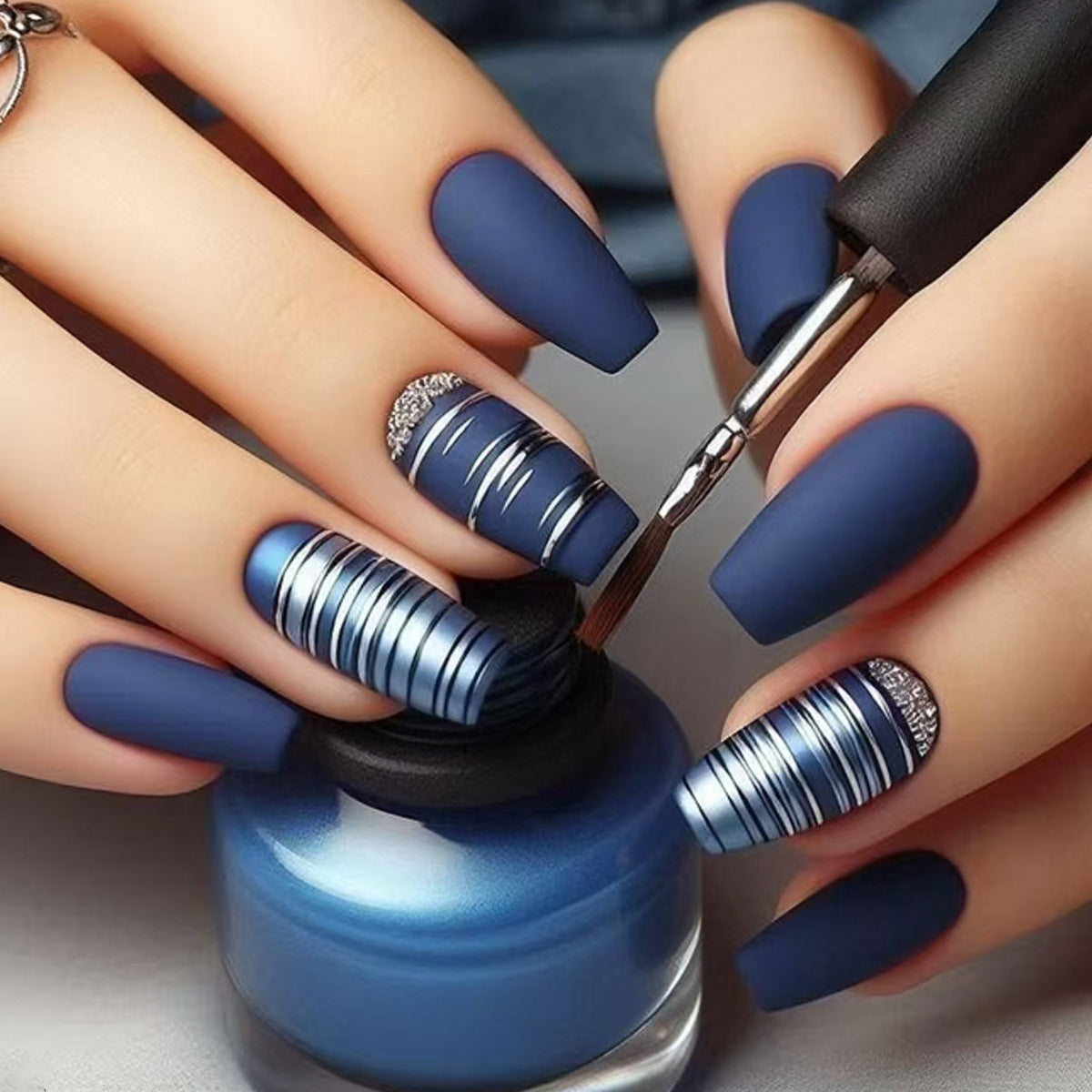 24pcs/Set Matte Blue Plaid Press On Nails