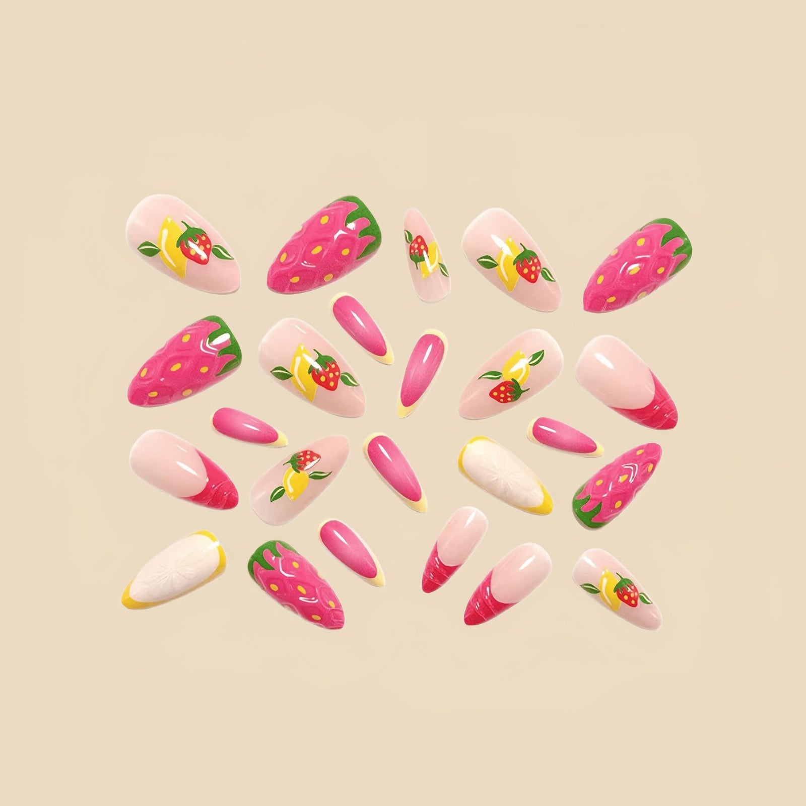 24pcs/Set 3D Strawberry & Lemon French Press-On Nails