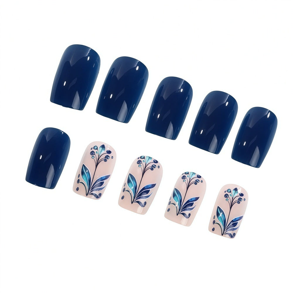 24pcs/Set Royal Blue Floral Press-On Nails