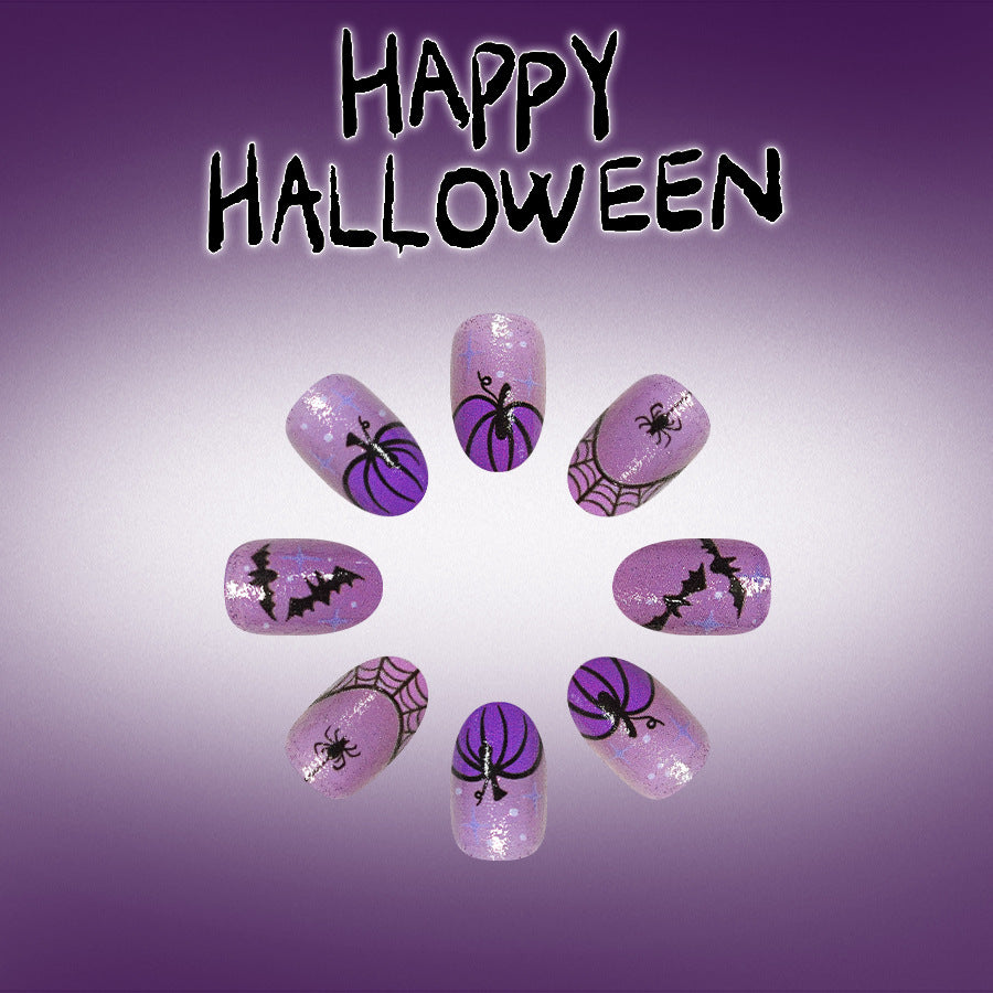 24pcs/Set Purple Pumpkin & Spiderweb French Tips Press-On Nails