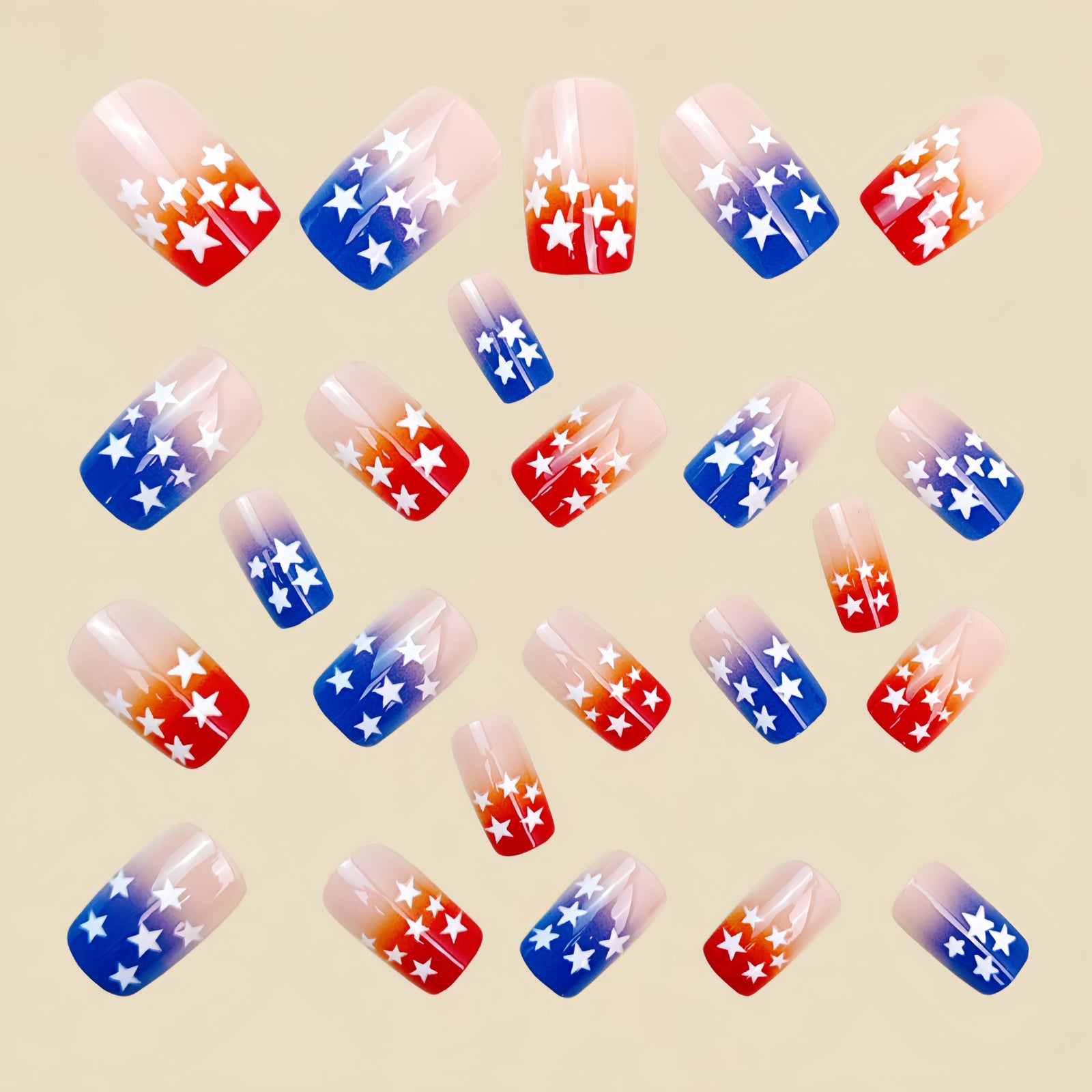 24pcs/Set Red and Blue Gradient Stars Press-On Nails