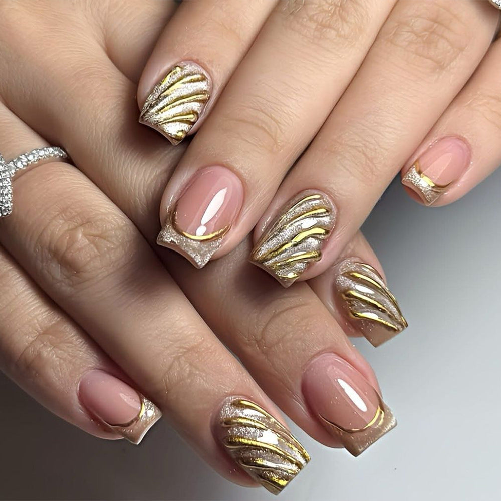 24pcs/Set French Cat Eye Gold Foil Press-On Nails