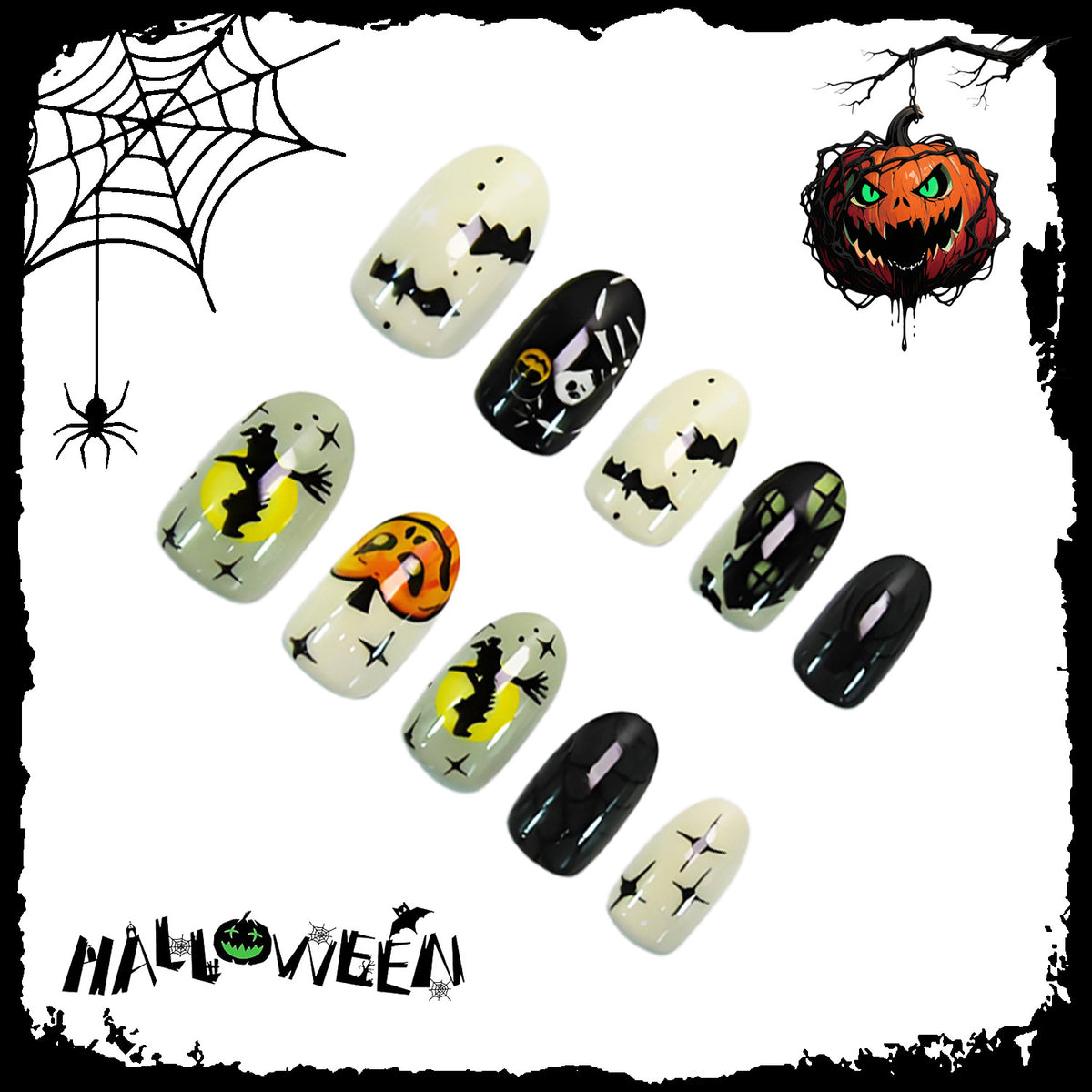 24pcs/Set Witches, Bats & Jack-O'-Lanterns Press-On Nails