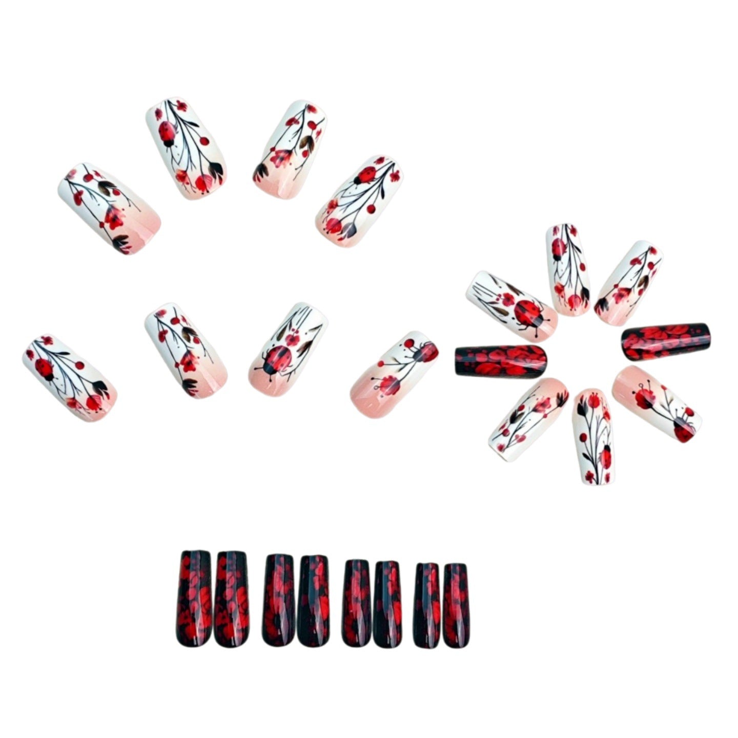 24pcs/Set Red Ladybug Floral Press-On Nails