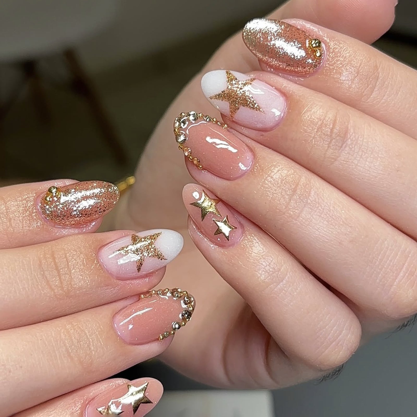 24pcs/Set French Tip with Rhinestone Stars Press-On Nails