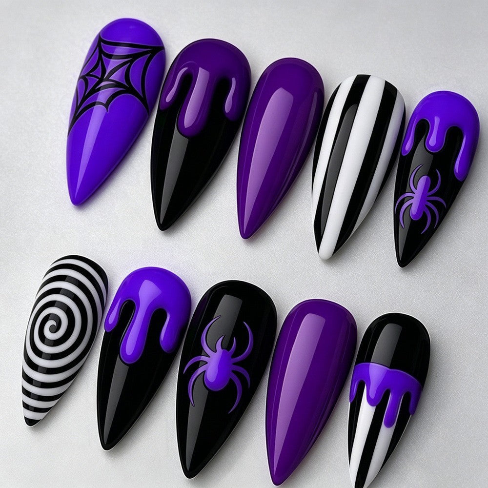 30pcs/Set Black & White Striped Spider Press On Nails