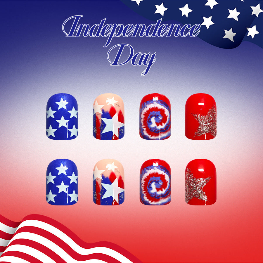 24pcs/Set Red and Blue Glitter Stars Press-On Nails