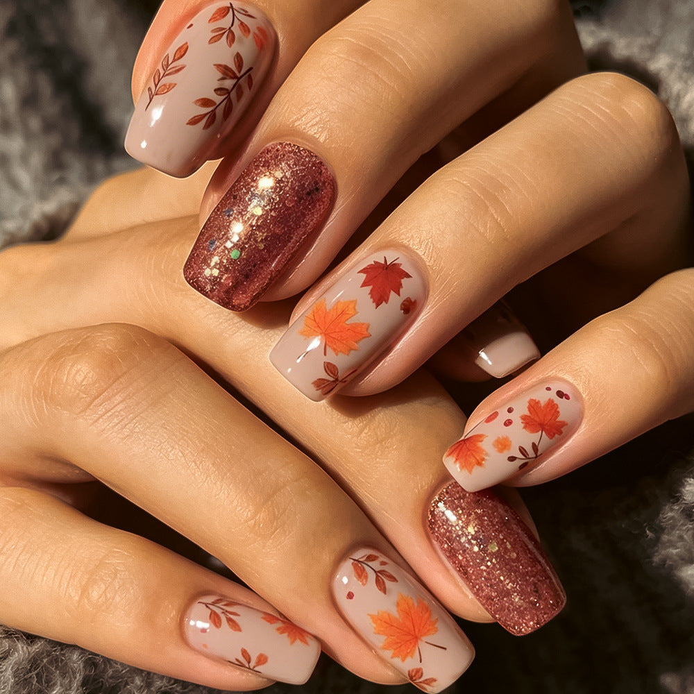 24pcs/Set Vintage Maple Leaves Press On Nails