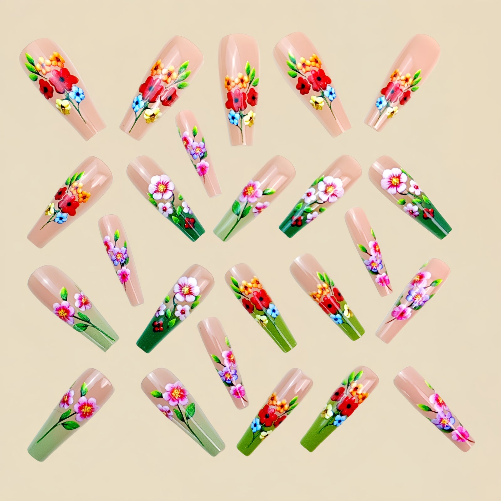 24pcs/Set Green Botanical Floral Press-On Nails