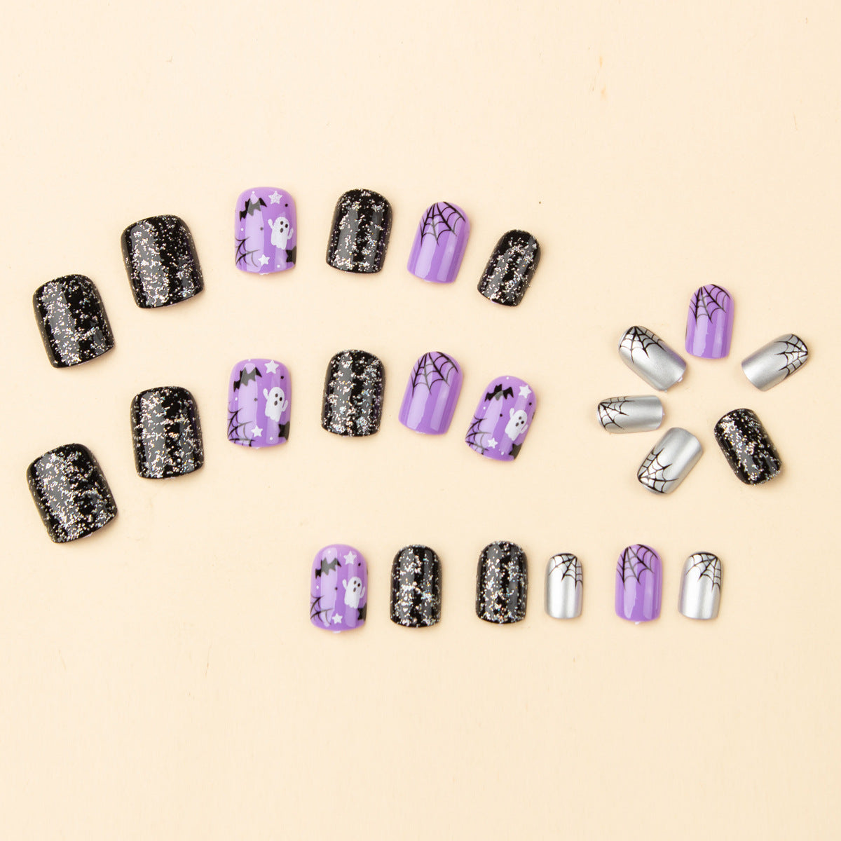 24pcs/Set Lavender Bat, Ghost & Spiderweb Press On Nails
