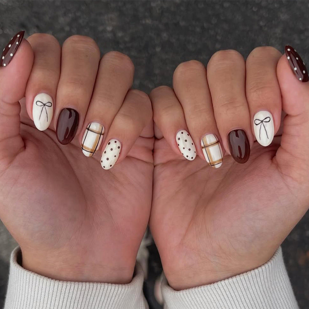 24pcs/Set Brown Bow Polka Dot Striped Press On Nails