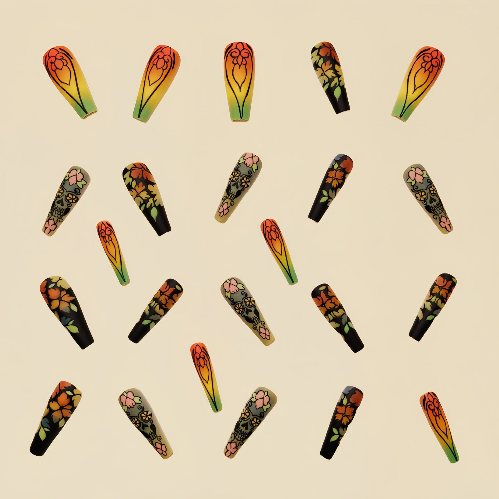 24pcs/Set Matte Floral Skull Press On Nails