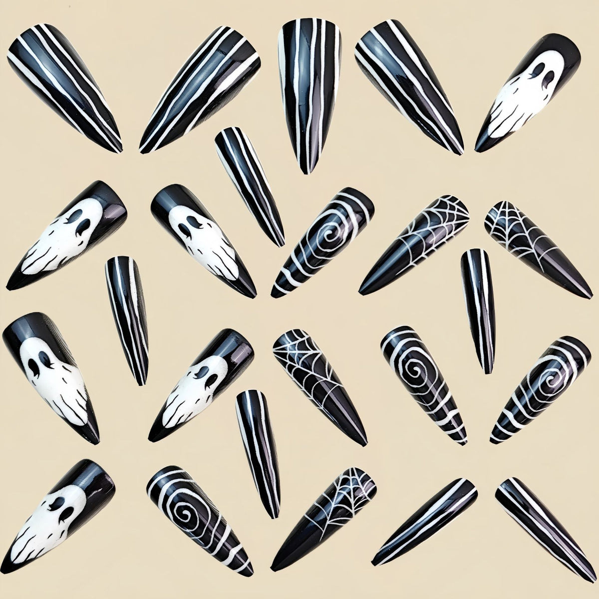 24pcs/Set Black Ghost, Stripes & Spider Web Press On Nails