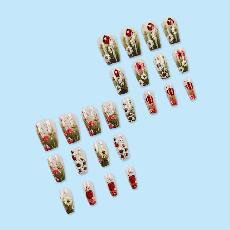 24pcs/Set Ladybug White Daisy Press-On Nails