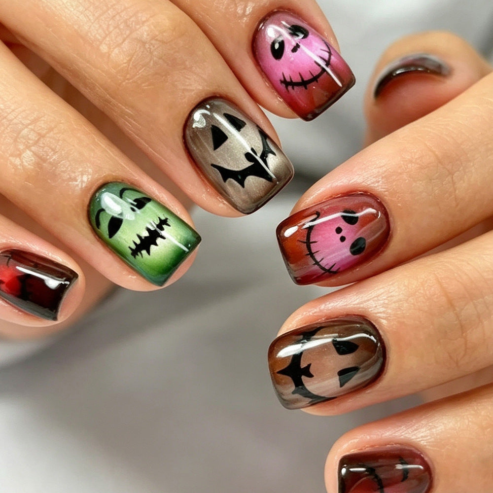 24pcs/Set Colorful Ghost Faces Cat Eye Press-On Nails