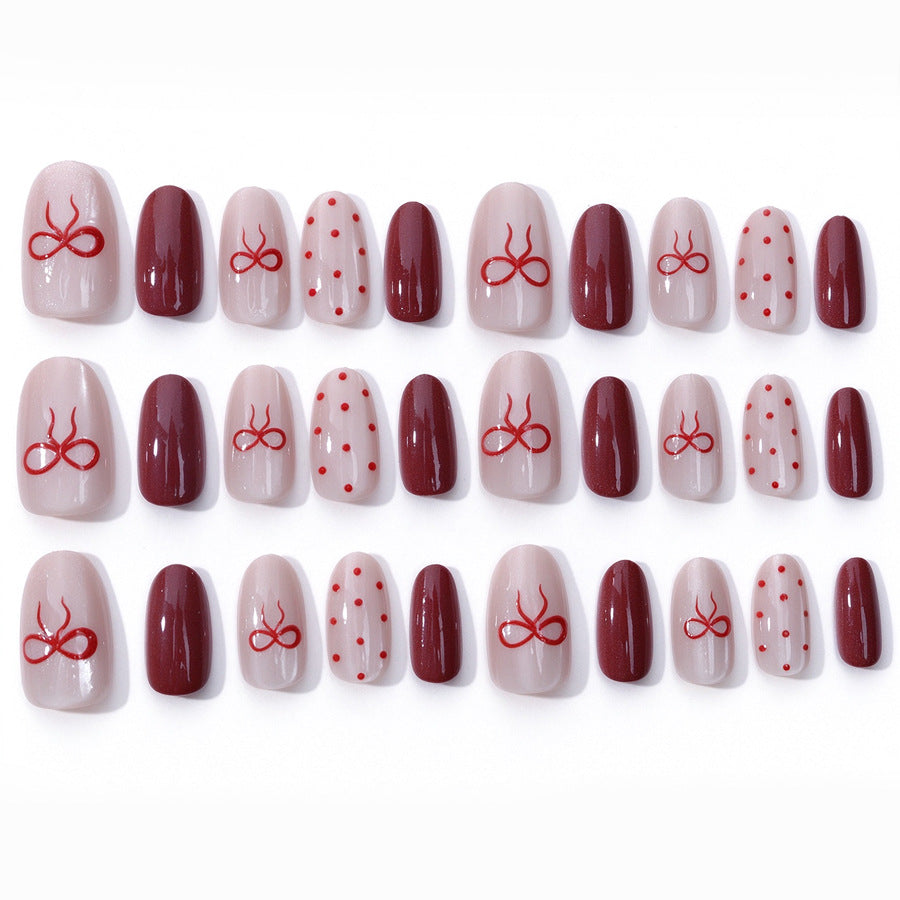 30pcs/Set Bow & Polka Dot Cat Eye Press-On Nails