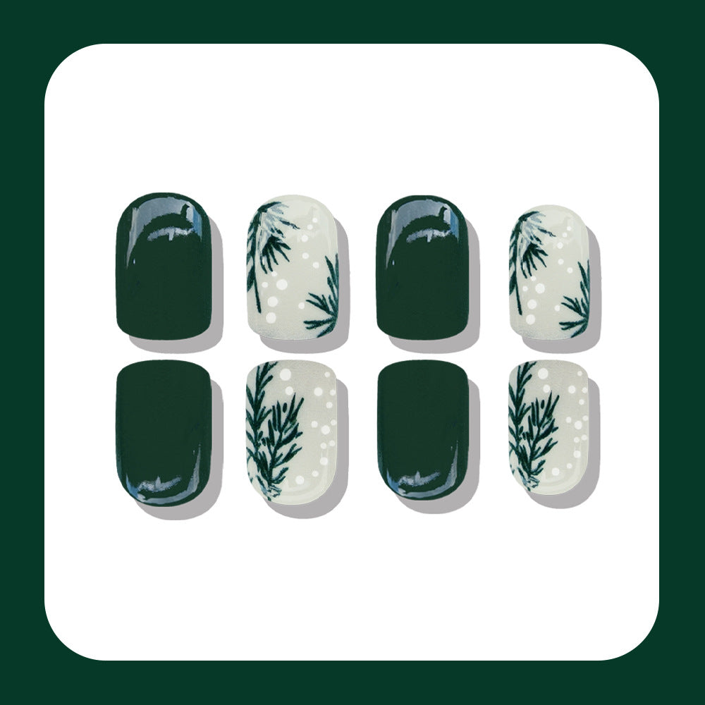 24pcs/Set Dark Green Snowflakes & Foliage Press-On Nails
