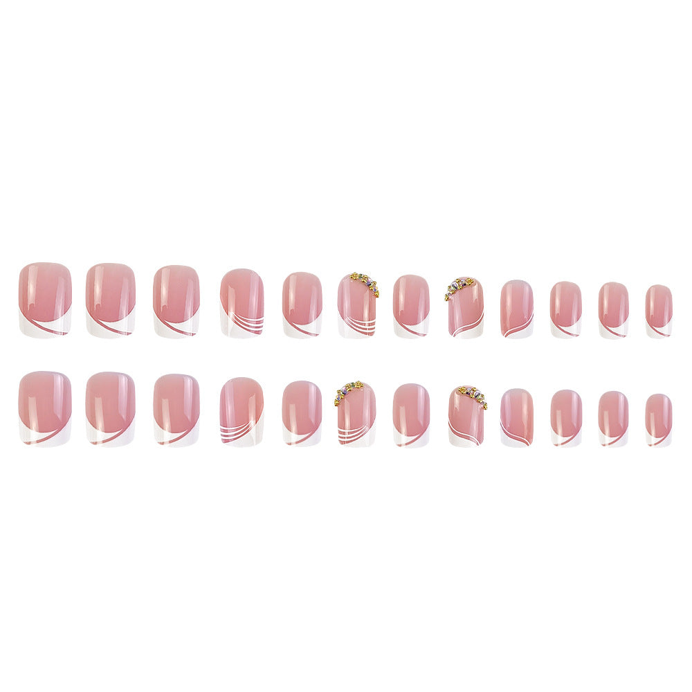 24pcs/Set Minimalist French with Crystal Press On Nails
