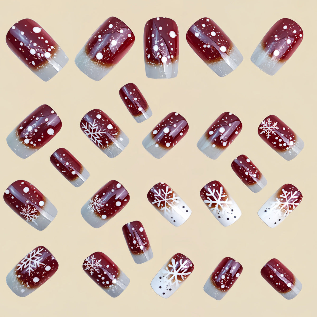 24pcs/Set Red Ombre Snowflakes Press On Nails