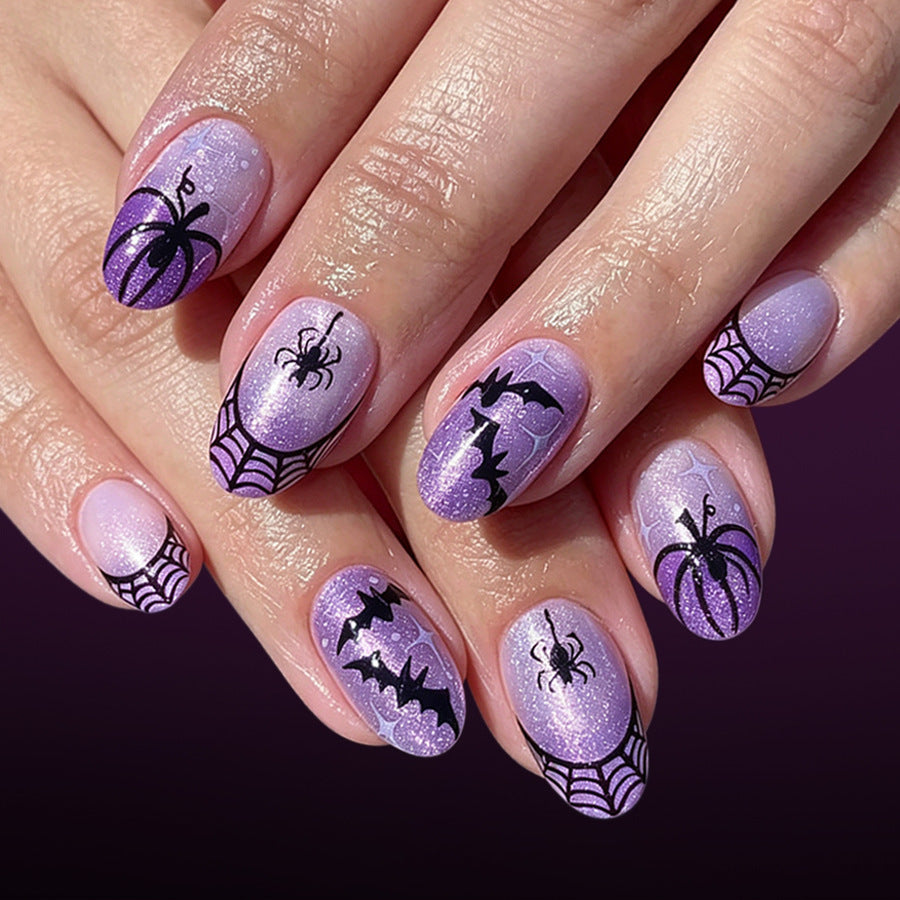24pcs/Set Purple Pumpkin & Spiderweb French Tips Press-On Nails