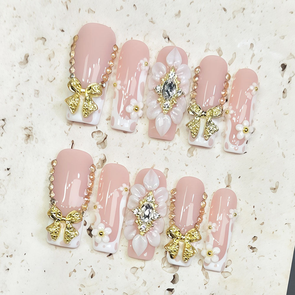(Handmade) 10pcs/Set French Tip 3D Butterfly Full Rhinestone Press-On Nails