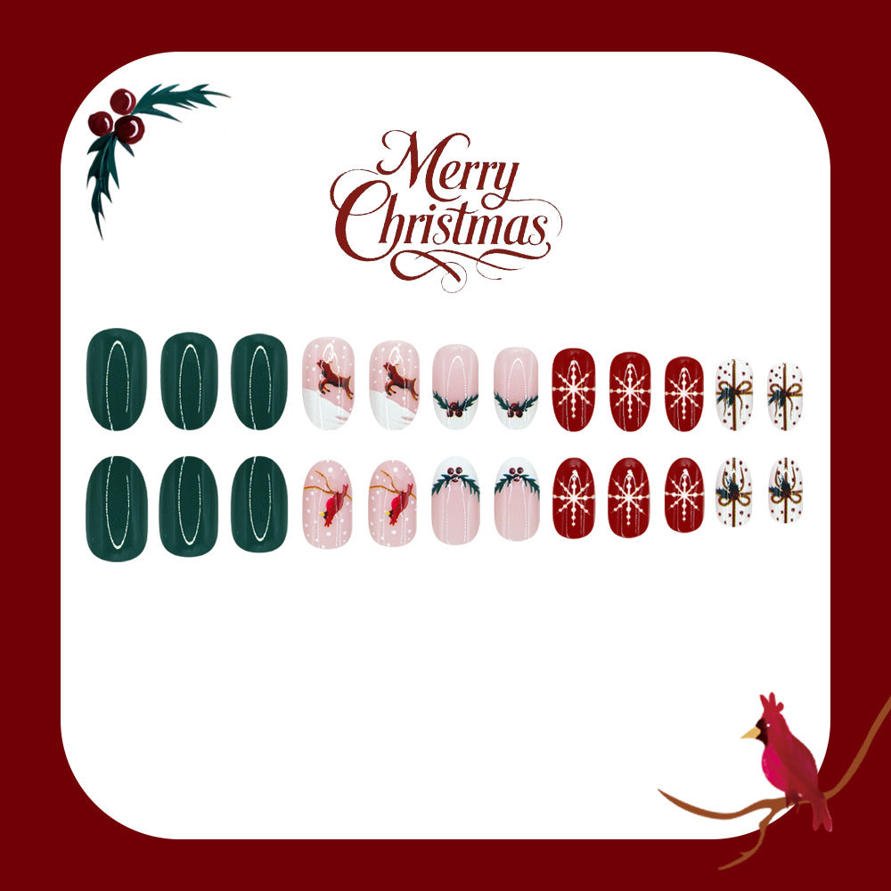 24pcs/Set Reindeer, Snowflake & Holly Berry French Tips Press On Nails
