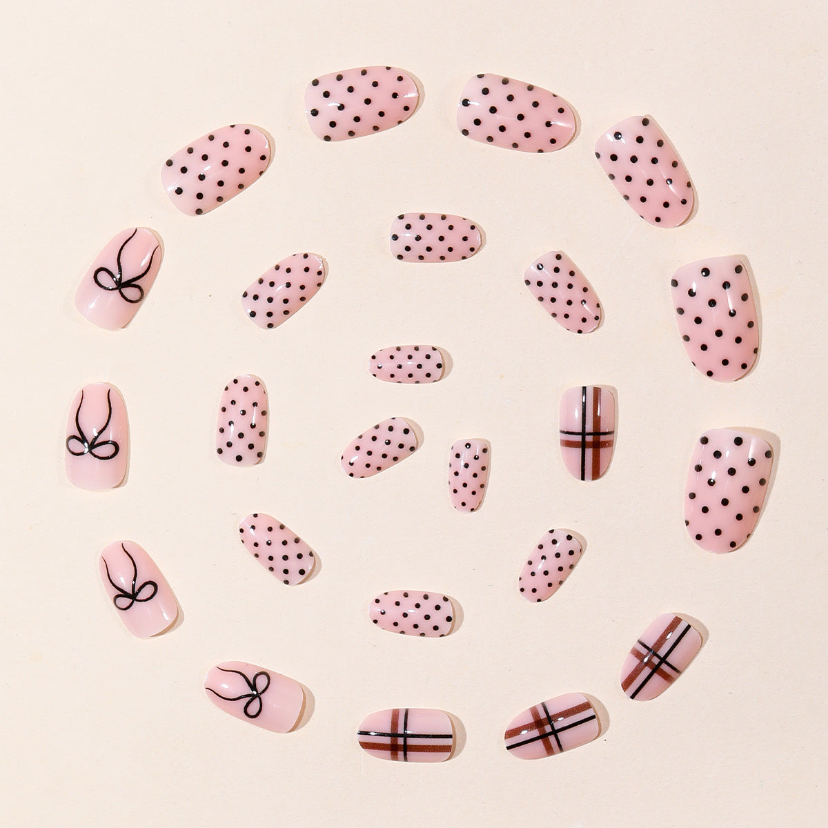 24pcs/Set Polka Dot Stripes with Bows Press-On Nails