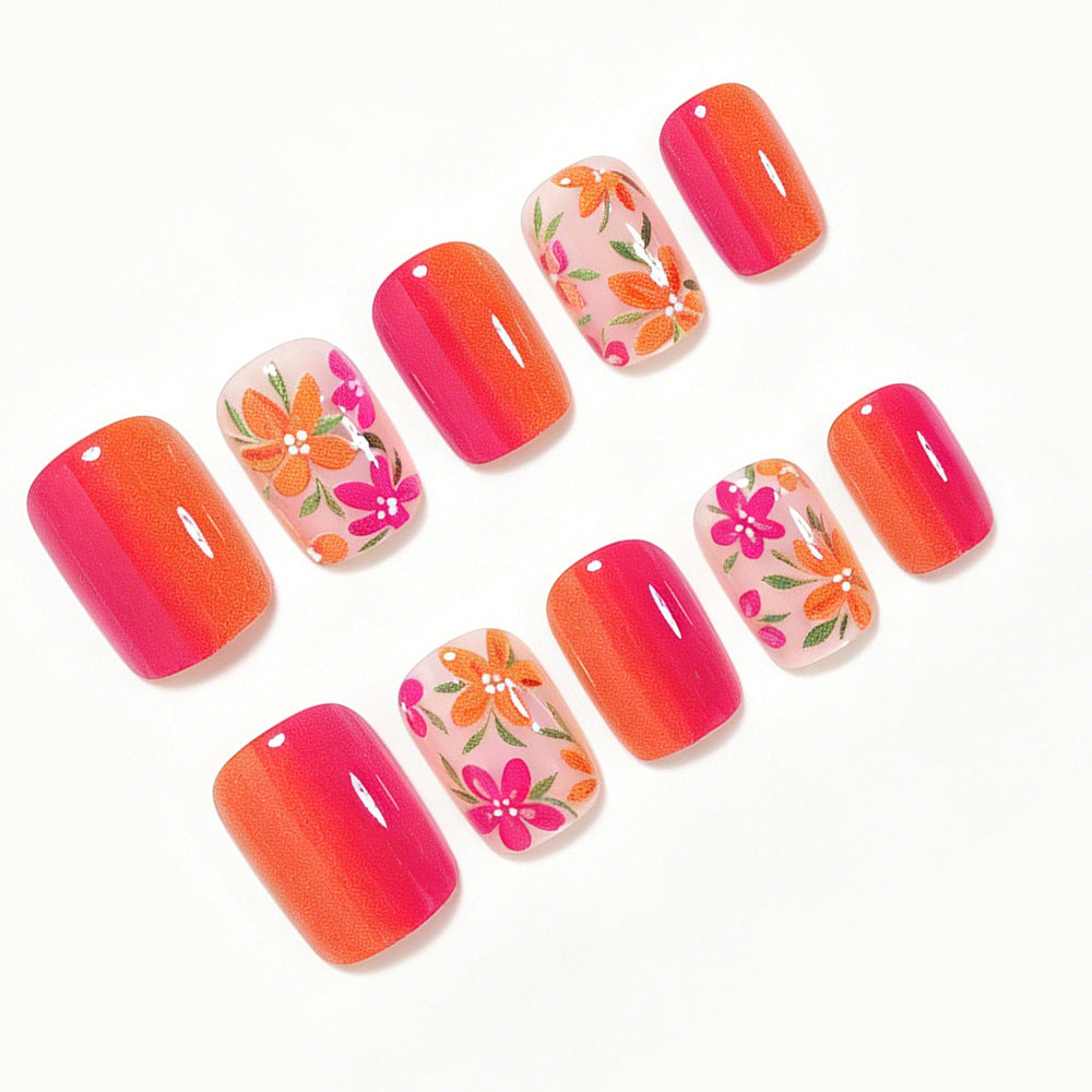 24pcs/Set Orange & Pink Floral Press-On Nails