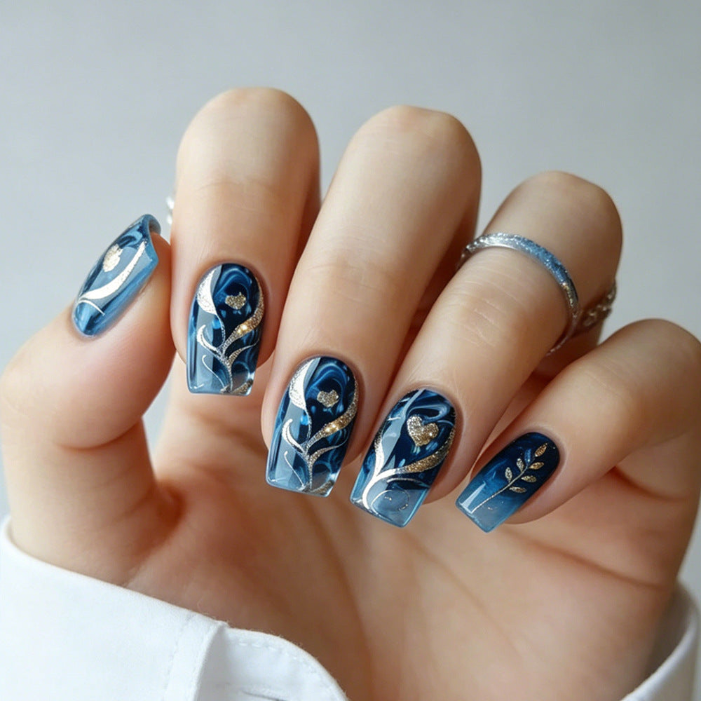 24pcs/Set Glitter Heart Blue Press-On Nails