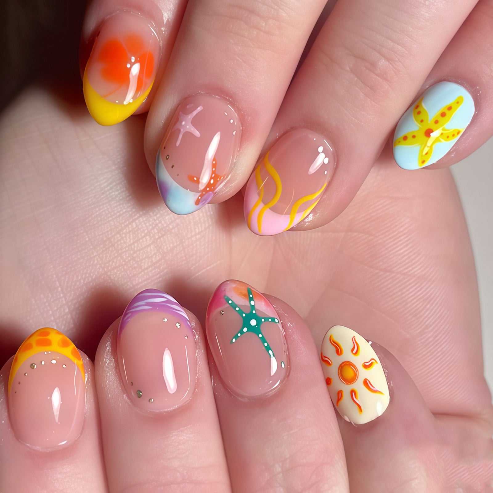 24pcs/Set Starfish & Sunflower French Tips Press-On Nails