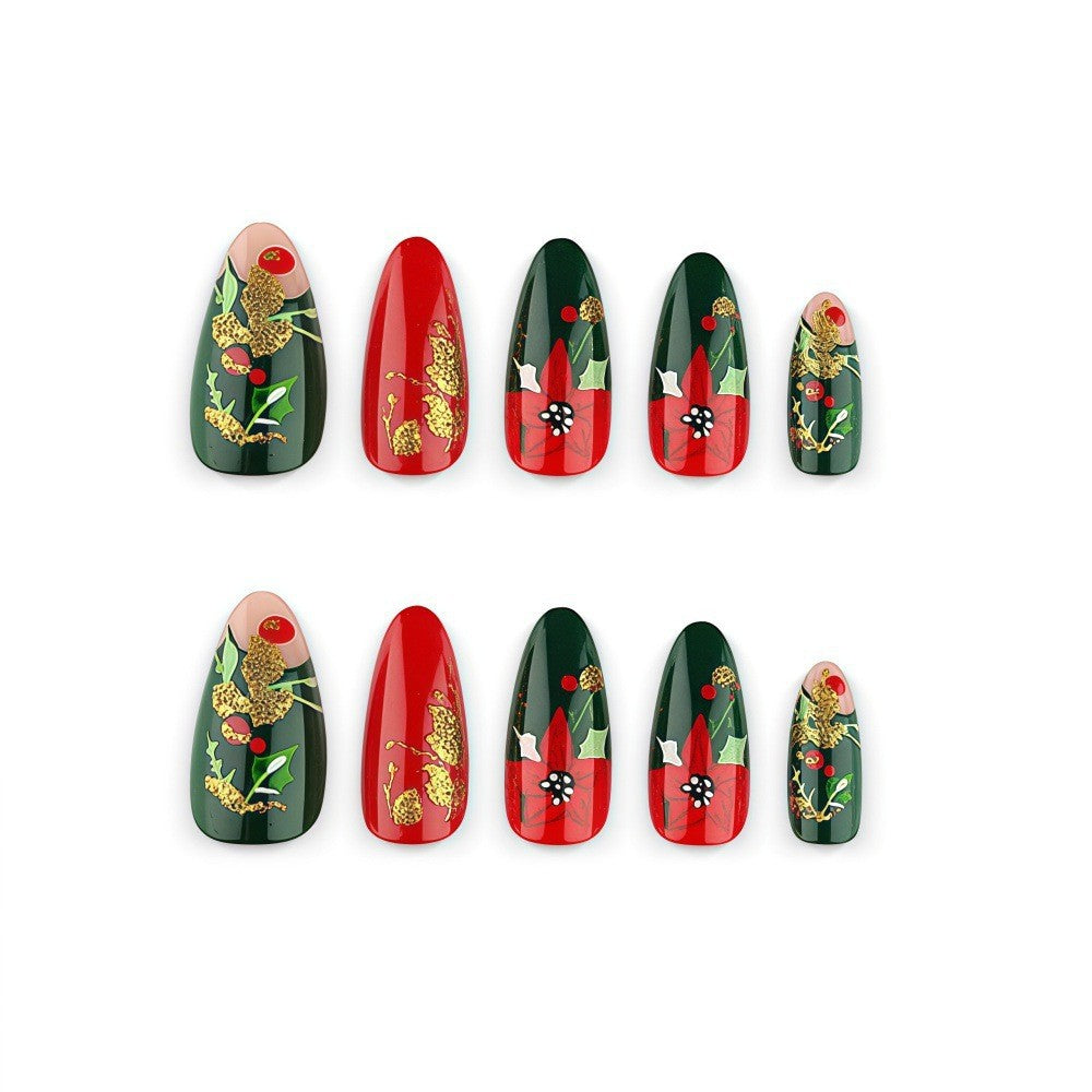 24pcs/Set Red & Green Floral Christmas Press On Nails