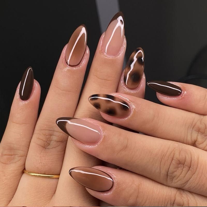 24pcs/Set Brown Leopard French Press On Nails