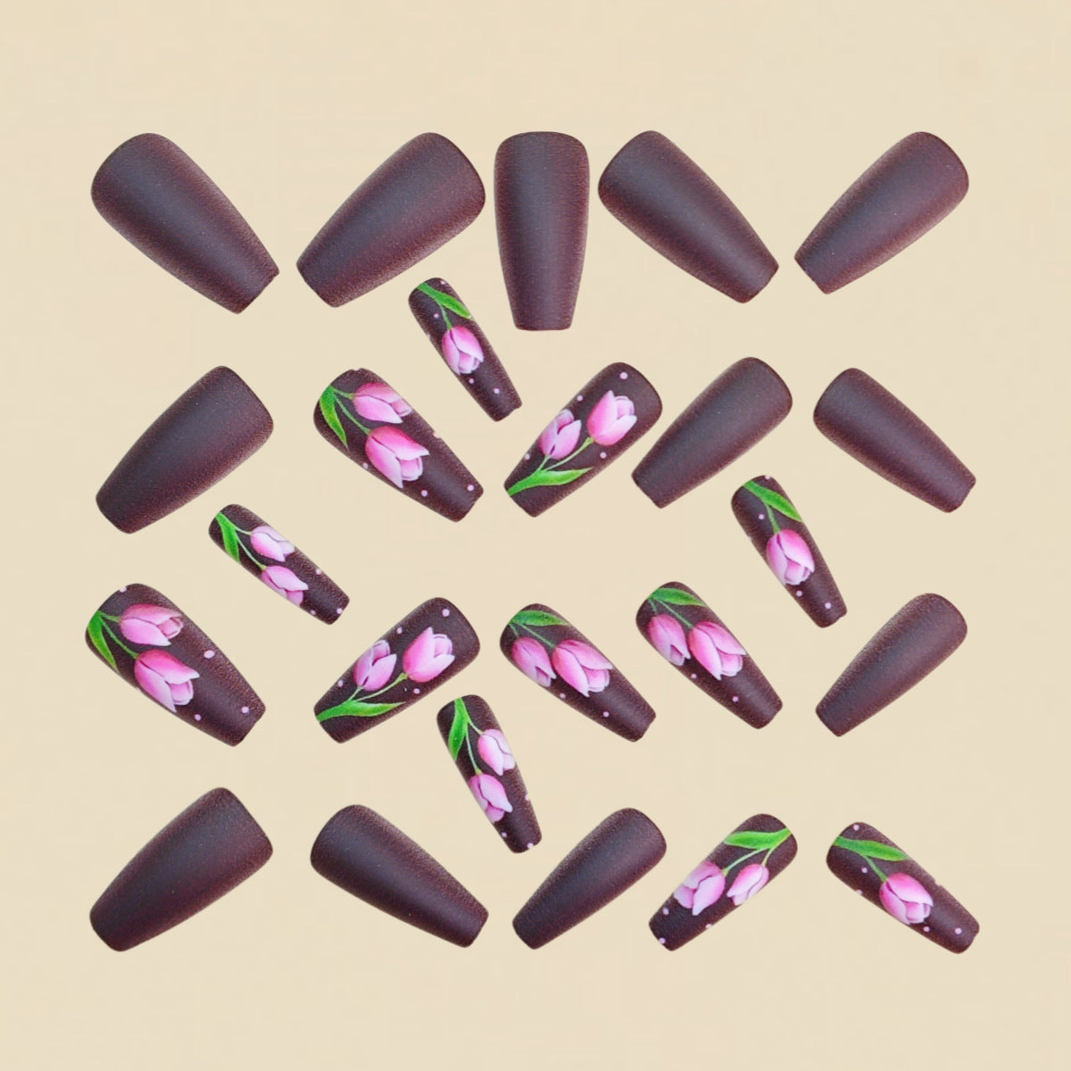 24pcs/Set Matte Brown & Pink Tulips Press On Nails