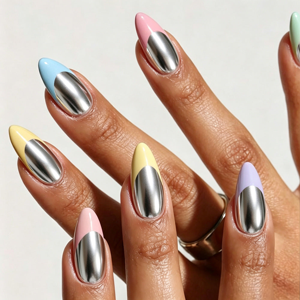 24pcs/Set Color-Block Mirror French Press On Nails