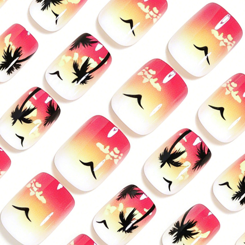 24pcs/Set Beach Sunset with Palm Trees & Seagulls Press-On Nails